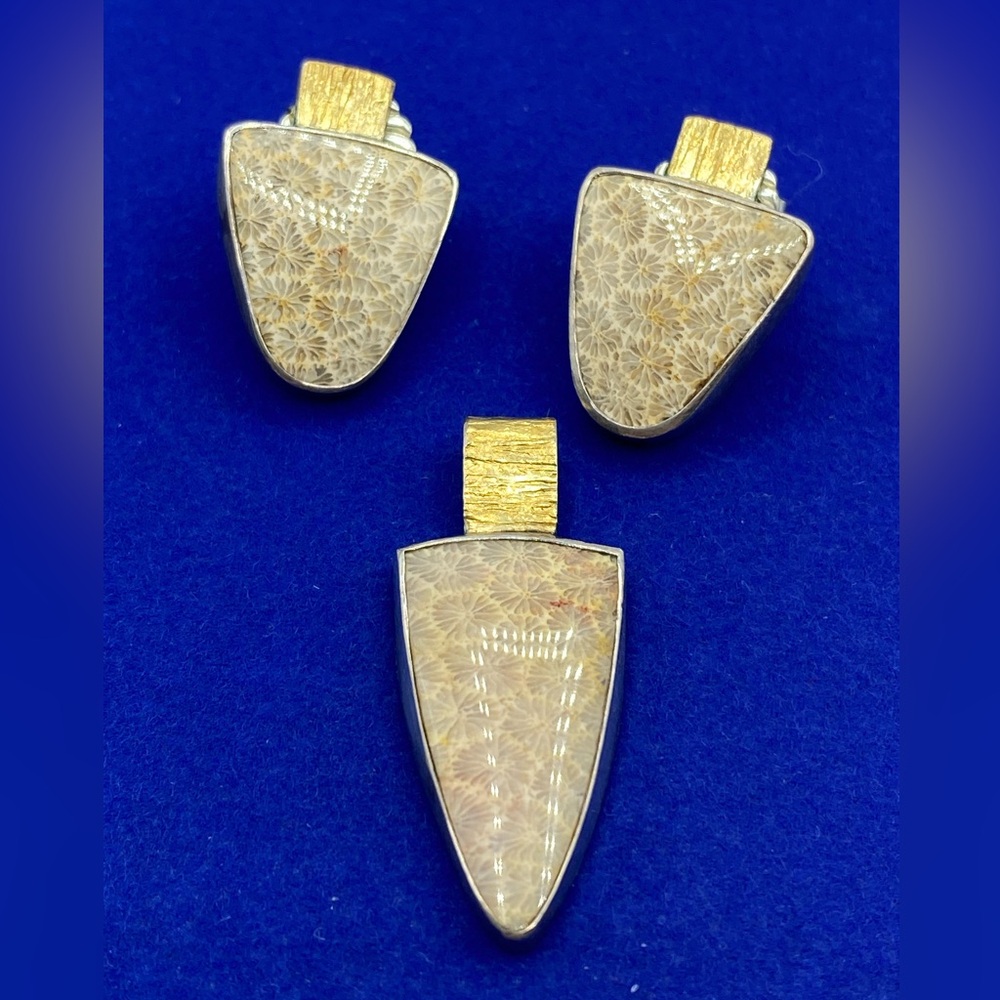Sterling Silver Donna Burdic Fossilized Coral Jewelry Set - Picture 1 of 3